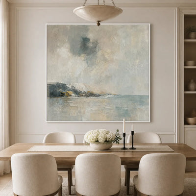 Misty Shore: Blue Coastal Wall Art - dining room white frame