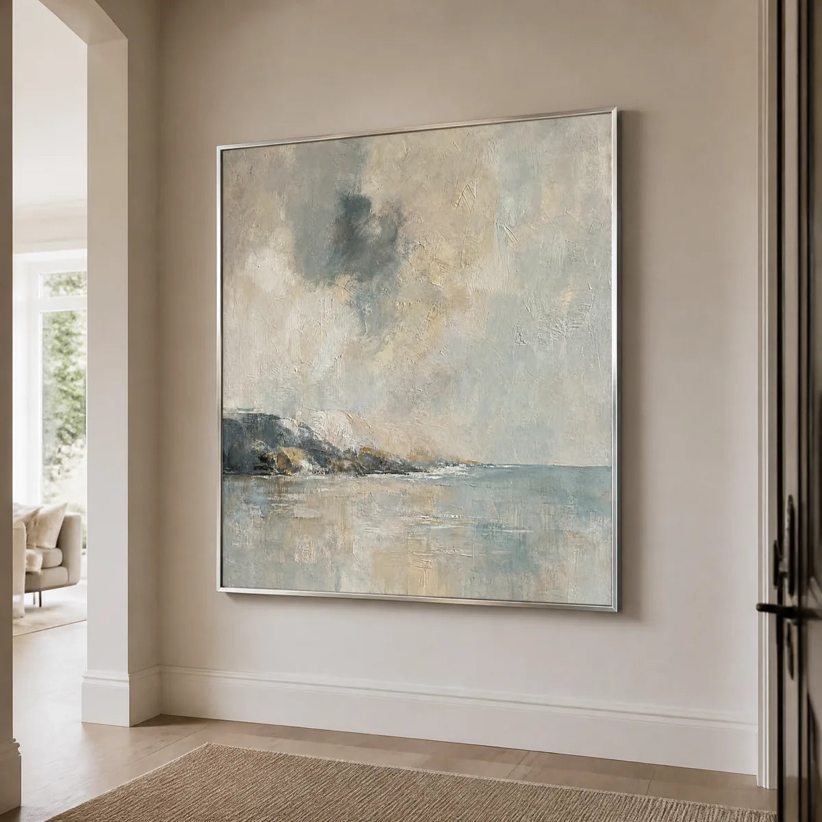 Misty Shore: Blue Coastal Wall Art - hallway silver frame