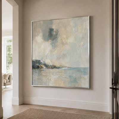 Misty Shore: Blue Coastal Wall Art - hallway silver frame