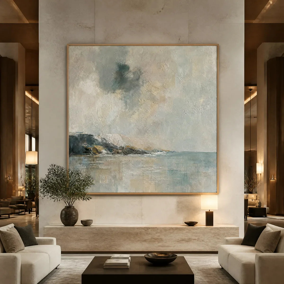 Misty Shore: Blue Coastal Wall Art - hotel wood frame