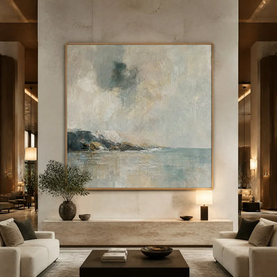 Misty Shore: Blue Coastal Wall Art - hotel wood frame