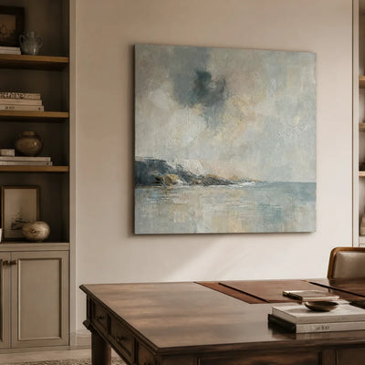 Misty Shore: Blue Coastal Wall Art - office stretched canvas