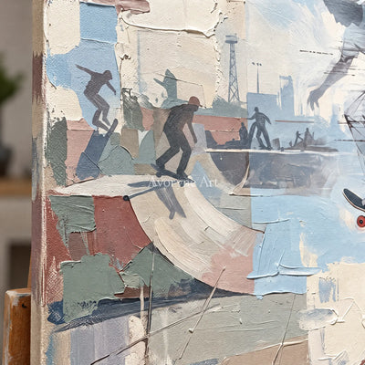 Close-up of the hand-painted texture of Faint Story motion figure wall art on an easel