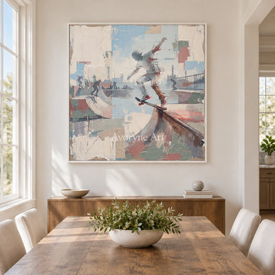 Faint Story motion figure wall art with a white frame in a dining room