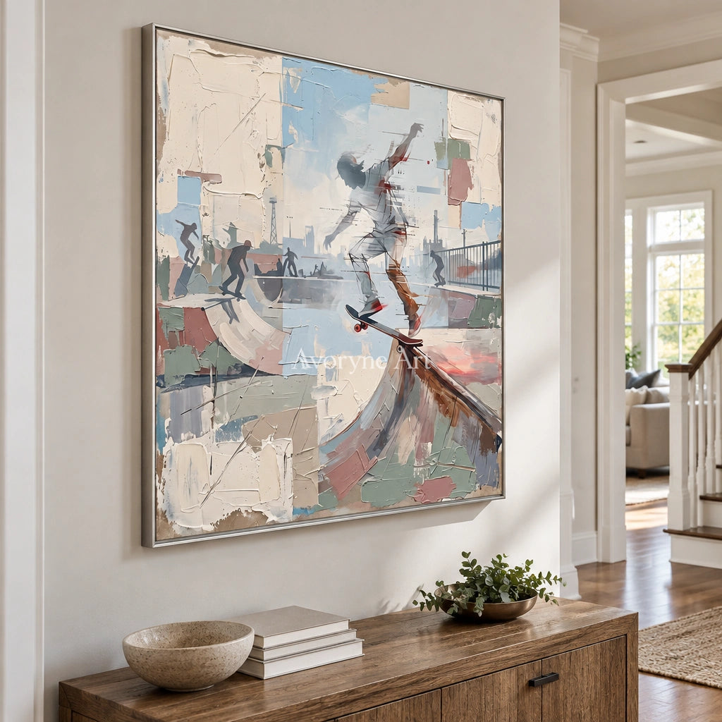 Faint Story motion figure wall art with a silver frame in an entryway