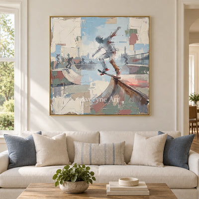 Faint Story motion figure wall art with a gold frame hanging in a living room