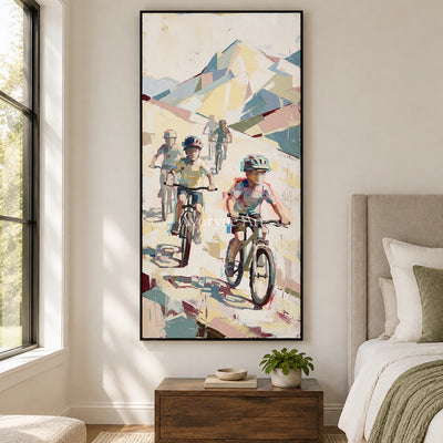 Faint Vista motion figure wall art with a black frame above a bed in a bedroom