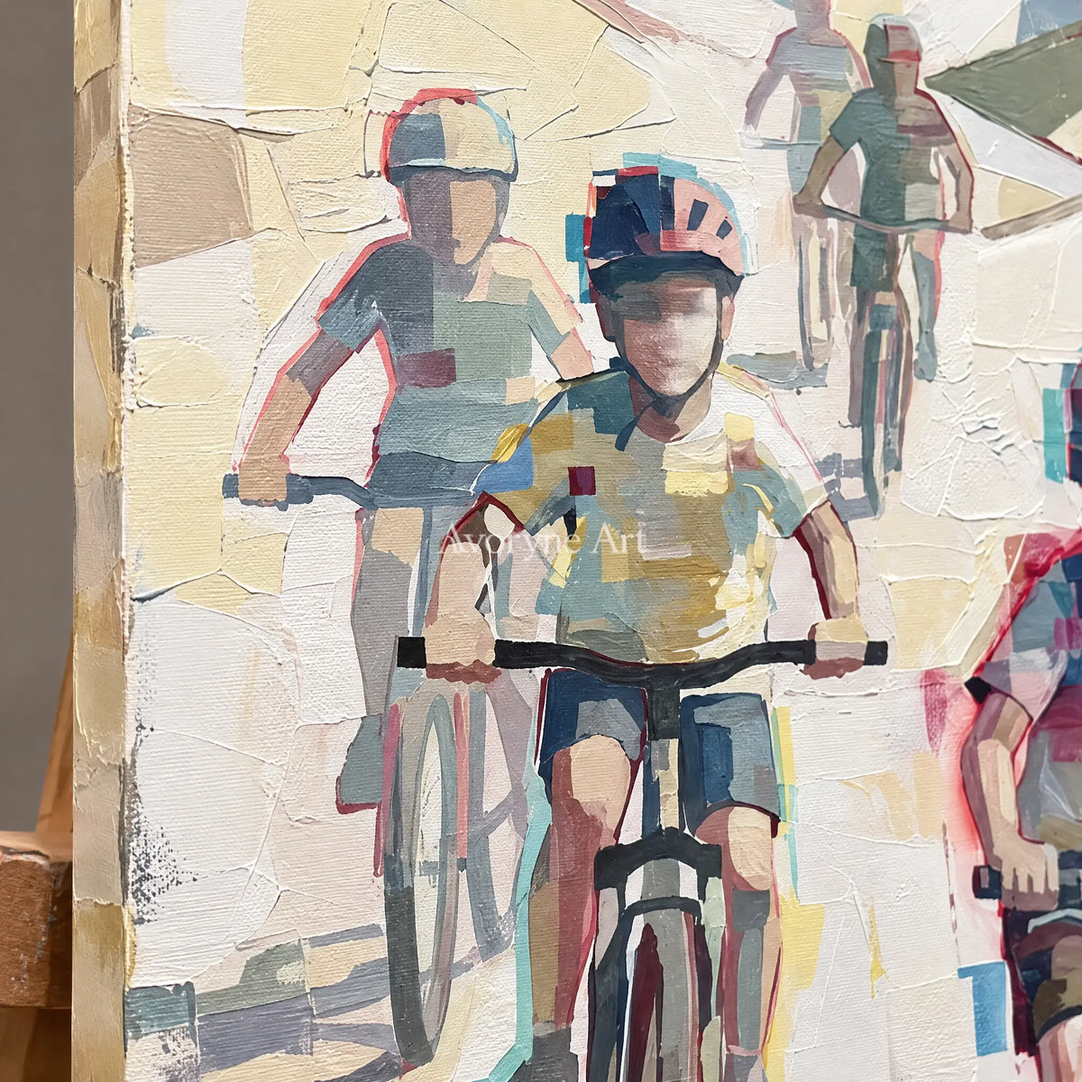 Close-up of the hand-painted texture of Faint Vista motion figure wall art on an easel