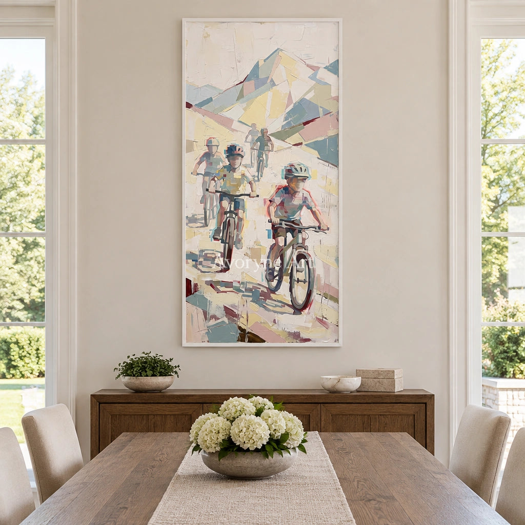 Faint Vista motion figure wall art with a white frame in a dining room