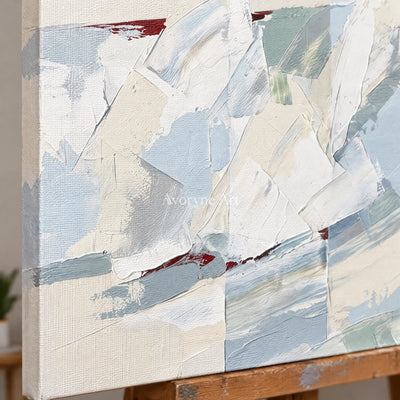 Close-up of the hand-painted texture of Faint Current motion figure wall art on an easel