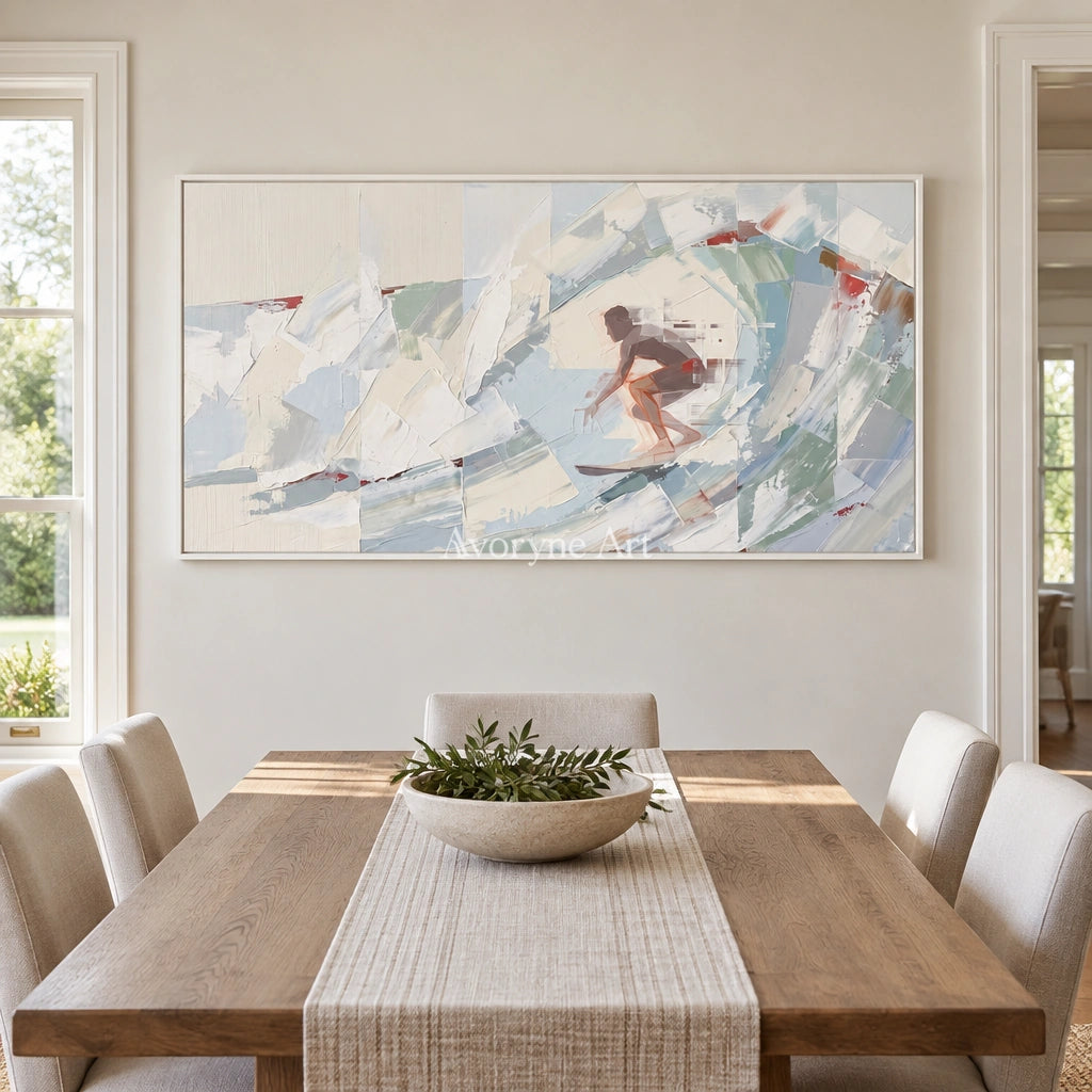 Faint Current motion figure wall art with a white frame in a dining room