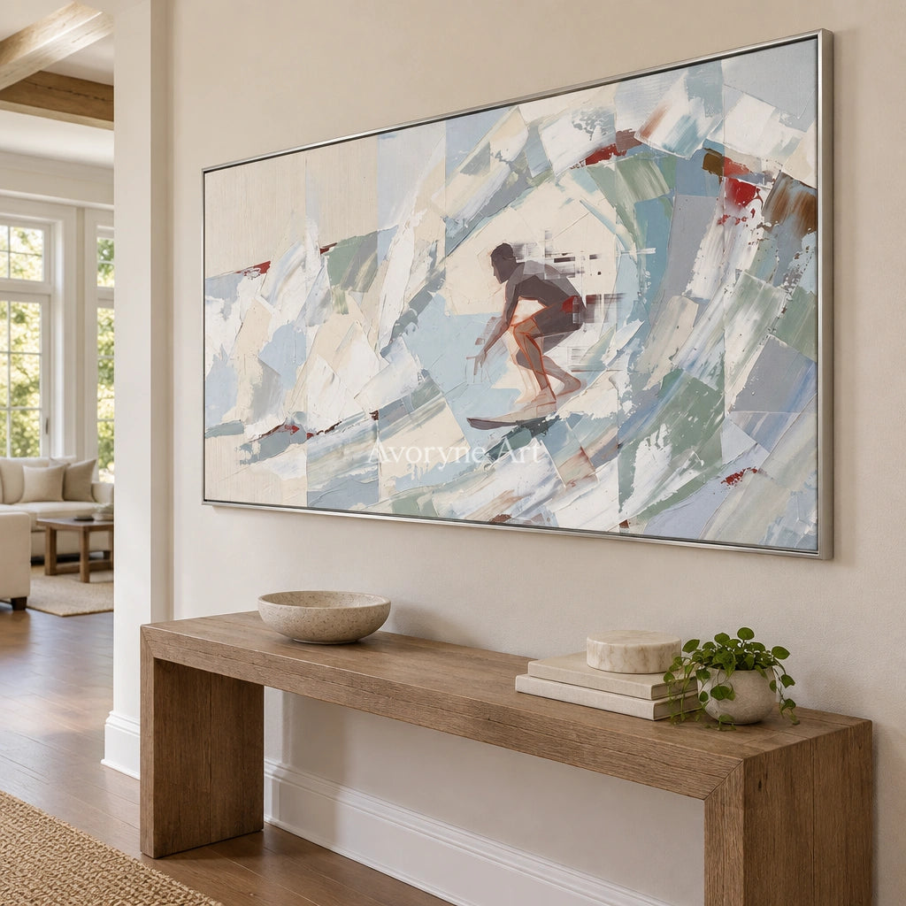 Faint Current motion figure wall art with a silver frame in an entryway