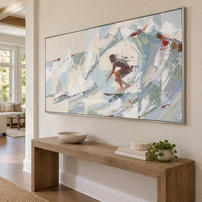 Faint Current motion figure wall art with a silver frame in an entryway