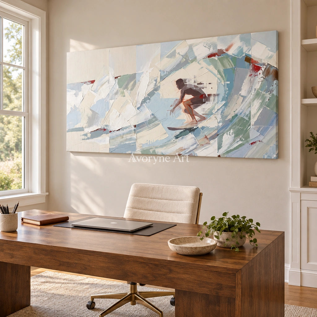 Faint Current motion figure wall art as a frameless stretched canvas in a home office