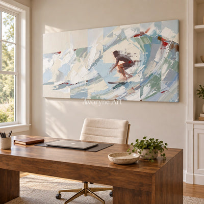 Faint Current motion figure wall art as a frameless stretched canvas in a home office