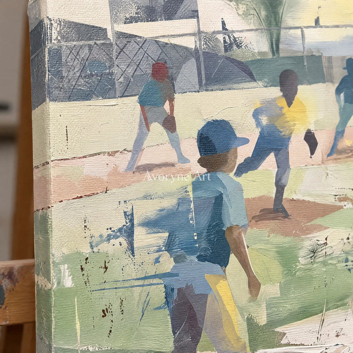 Close-up of the hand-painted texture of Faint Solace motion figure wall art on an easel