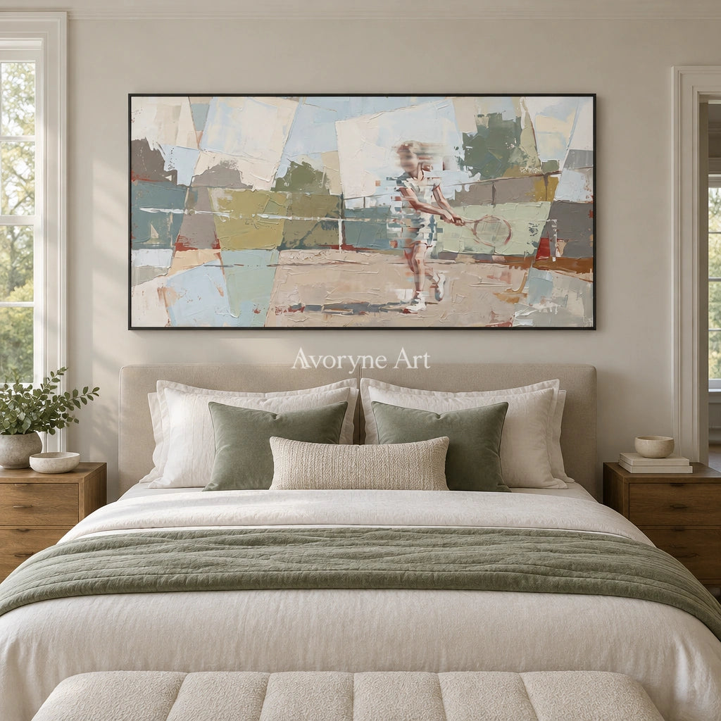 Faint Reverberation motion figure wall art with a black frame above a bed in a bedroom