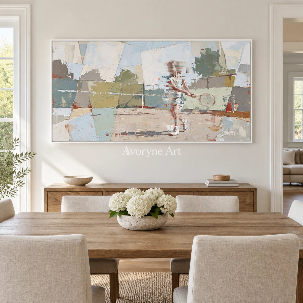 Faint Reverberation motion figure wall art with a white frame in a dining room