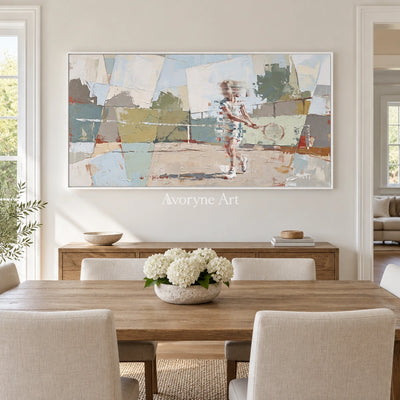 Faint Reverberation motion figure wall art with a white frame in a dining room