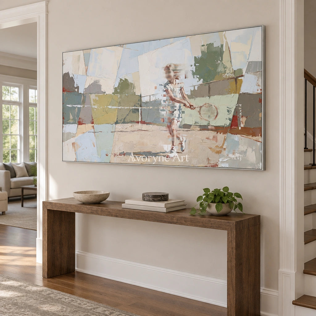 Faint Reverberation motion figure wall art with a silver frame in an entryway