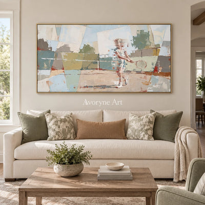 Faint Reverberation motion figure wall art with a gold frame hanging in a living room