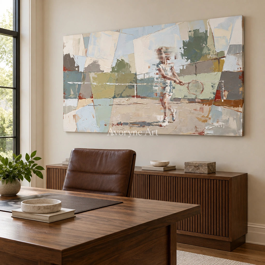 Faint Reverberation motion figure wall art as a frameless stretched canvas in a home office