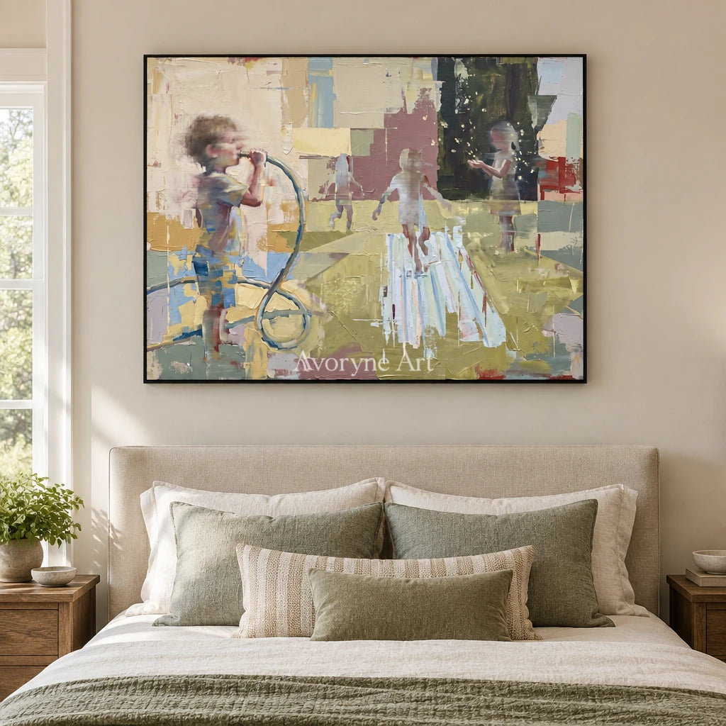 Faint Dialogue motion figure wall art with a black frame above a bed in a bedroom
