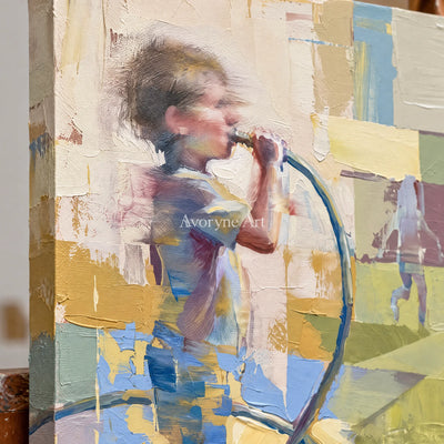 Close-up of the hand-painted texture of Faint Dialogue motion figure wall art on an easel