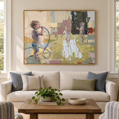 Faint Dialogue motion figure wall art with a gold frame hanging in a living room