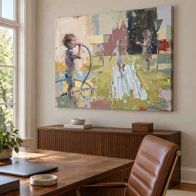 Faint Dialogue motion figure wall art as a frameless stretched canvas in a home office