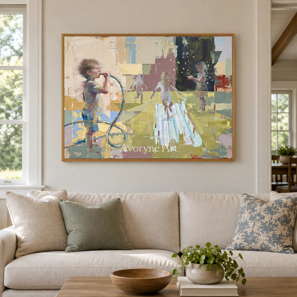 Faint Dialogue motion figure wall art with a wood frame in a villa living space