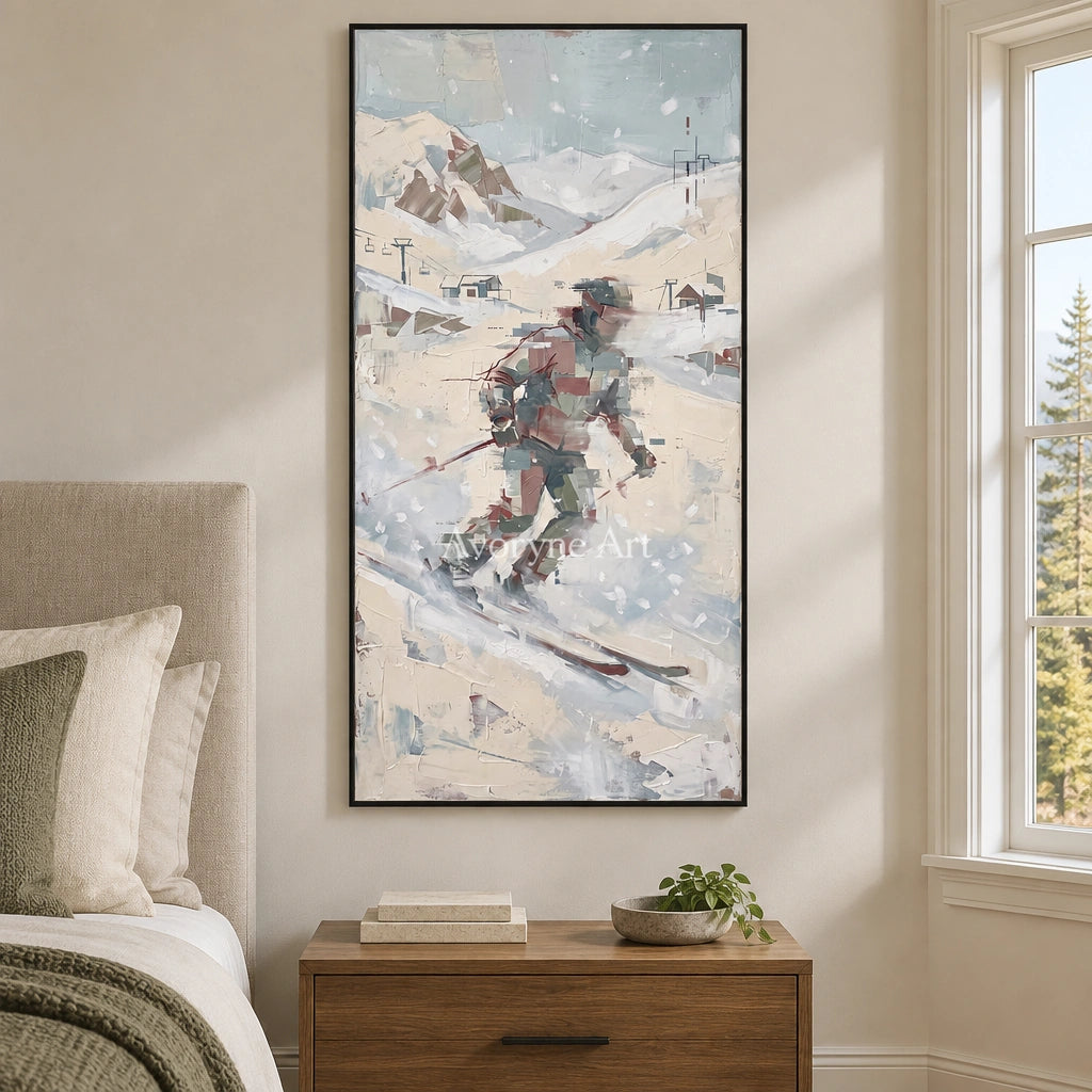 Warm Cadence motion figure wall art with a black frame above a bed in a bedroom