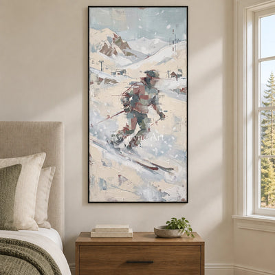 Warm Cadence motion figure wall art with a black frame above a bed in a bedroom