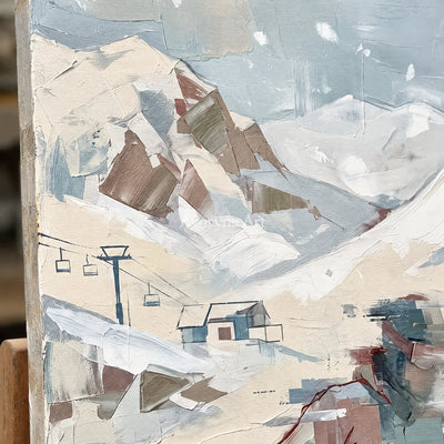 Close-up of the hand-painted texture of Warm Cadence motion figure wall art on an easel