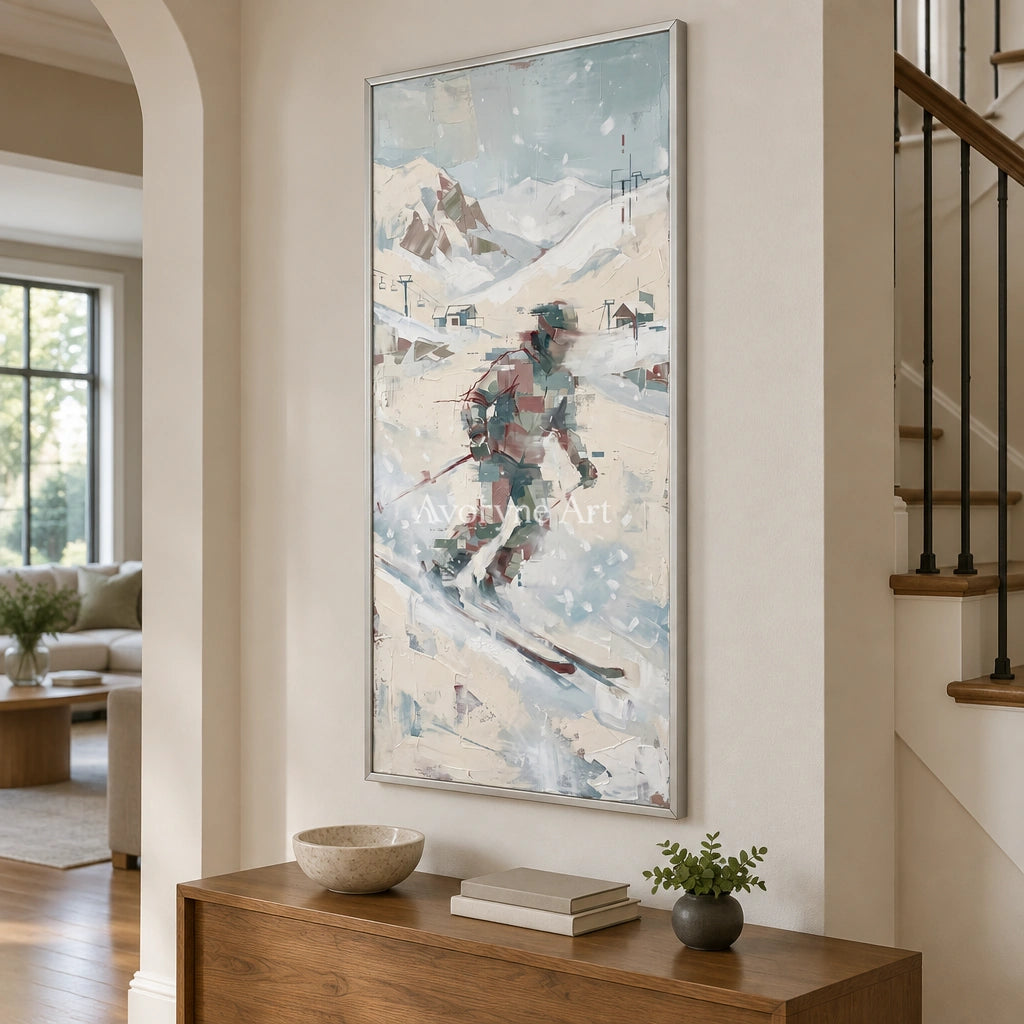 Warm Cadence motion figure wall art with a silver frame in an entryway