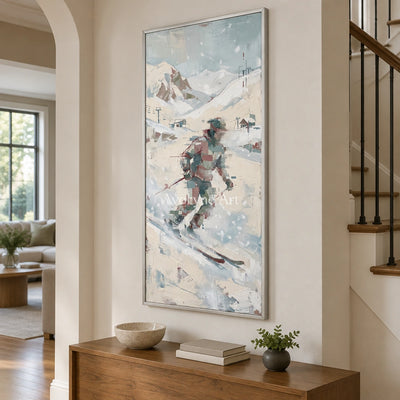 Warm Cadence motion figure wall art with a silver frame in an entryway