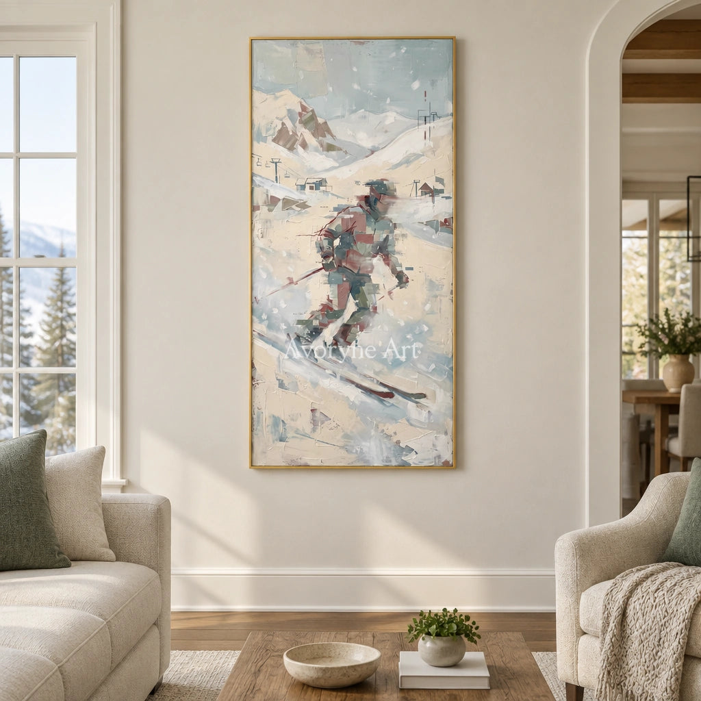 Warm Cadence motion figure wall art with a gold frame hanging in a living room