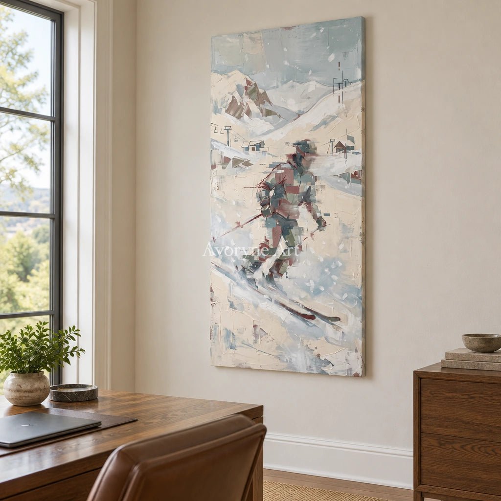 Warm Cadence motion figure wall art as a frameless stretched canvas in a home office