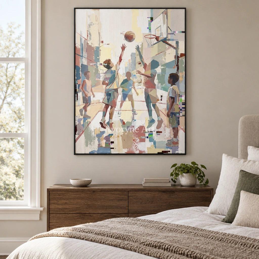 Warm Passage motion figure wall art with a black frame above a bed in a bedroom