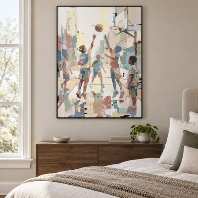 Warm Passage motion figure wall art with a black frame above a bed in a bedroom