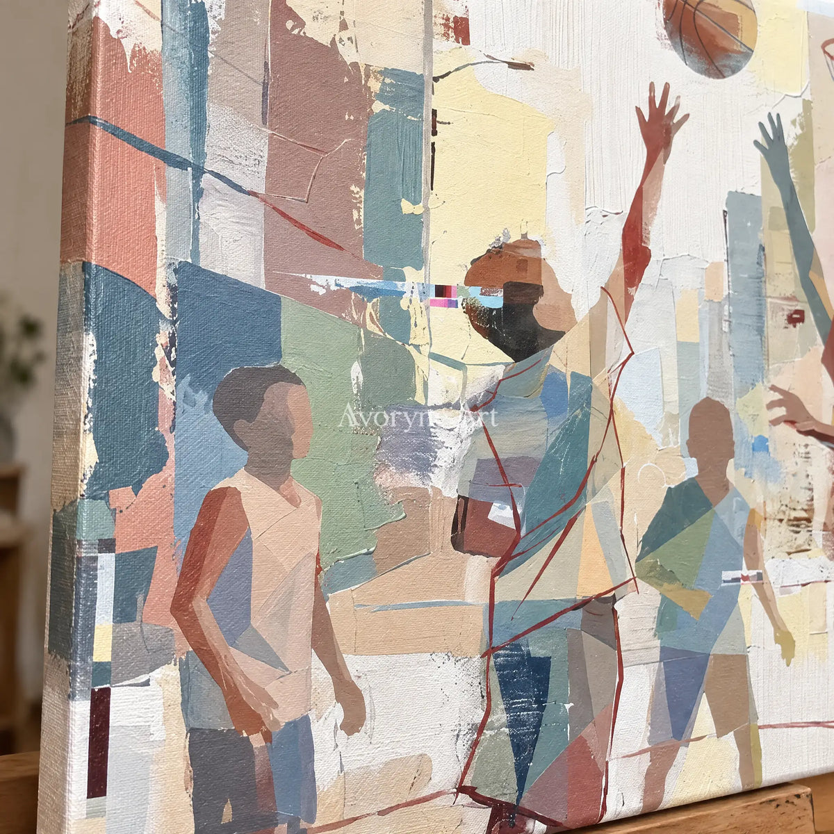 Close-up of the hand-painted texture of Warm Passage motion figure wall art on an easel