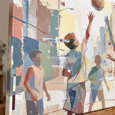 Close-up of the hand-painted texture of Warm Passage motion figure wall art on an easel