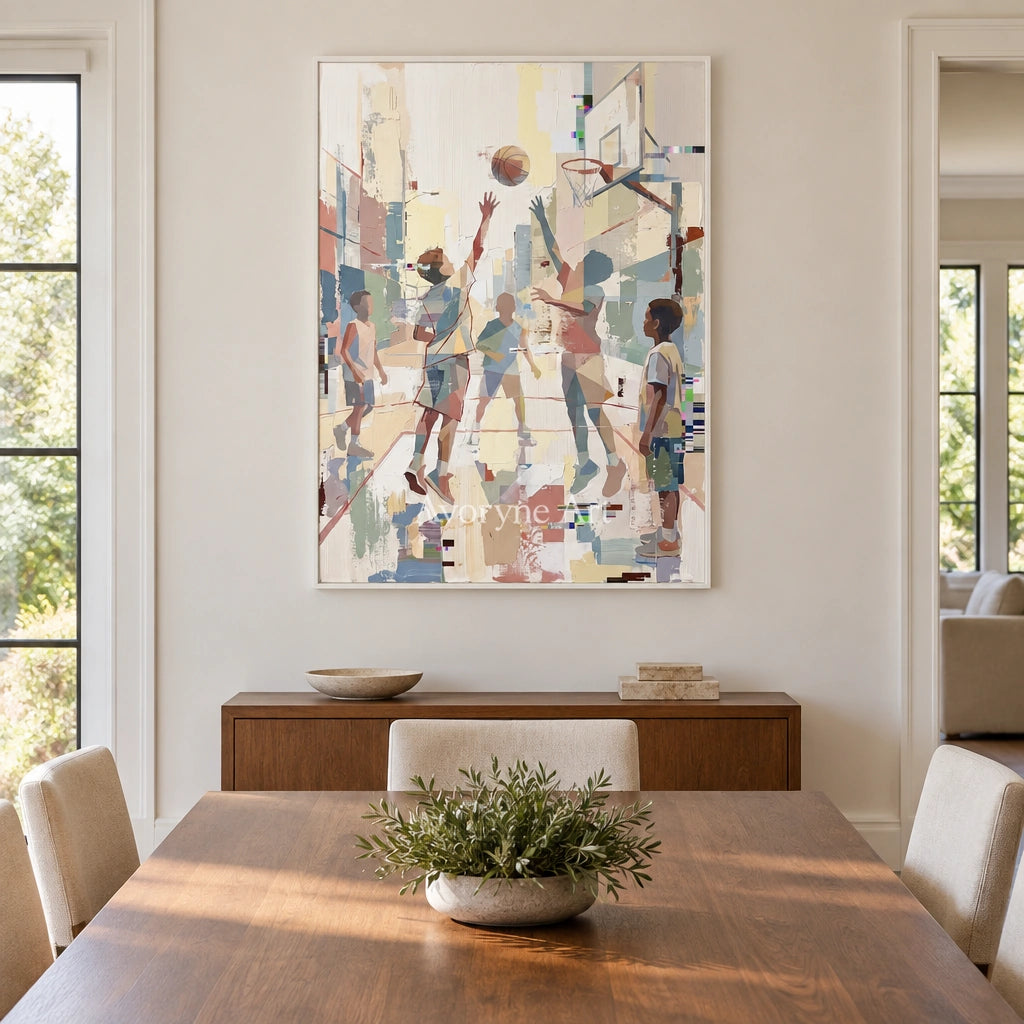 Warm Passage motion figure wall art with a white frame in a dining room