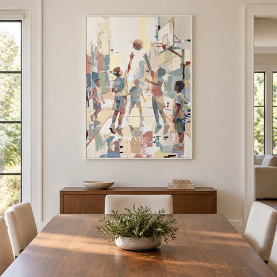 Warm Passage motion figure wall art with a white frame in a dining room