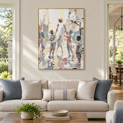 Warm Passage motion figure wall art with a gold frame hanging in a living room