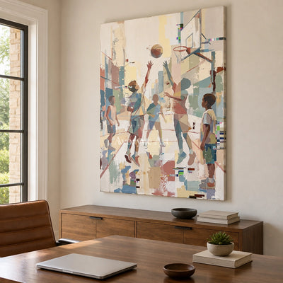 Warm Passage motion figure wall art as a frameless stretched canvas in a home office