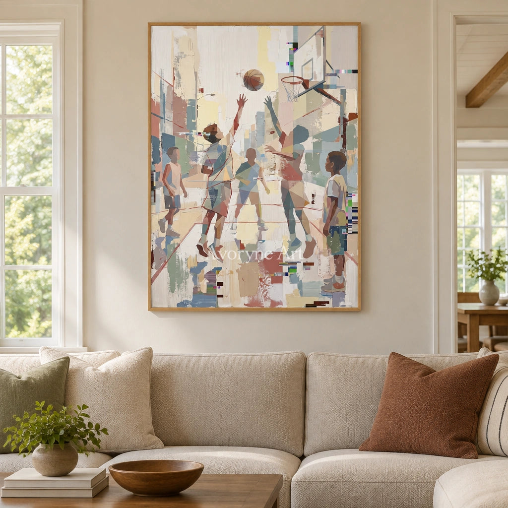 Warm Passage motion figure wall art with a wood frame in a villa living space