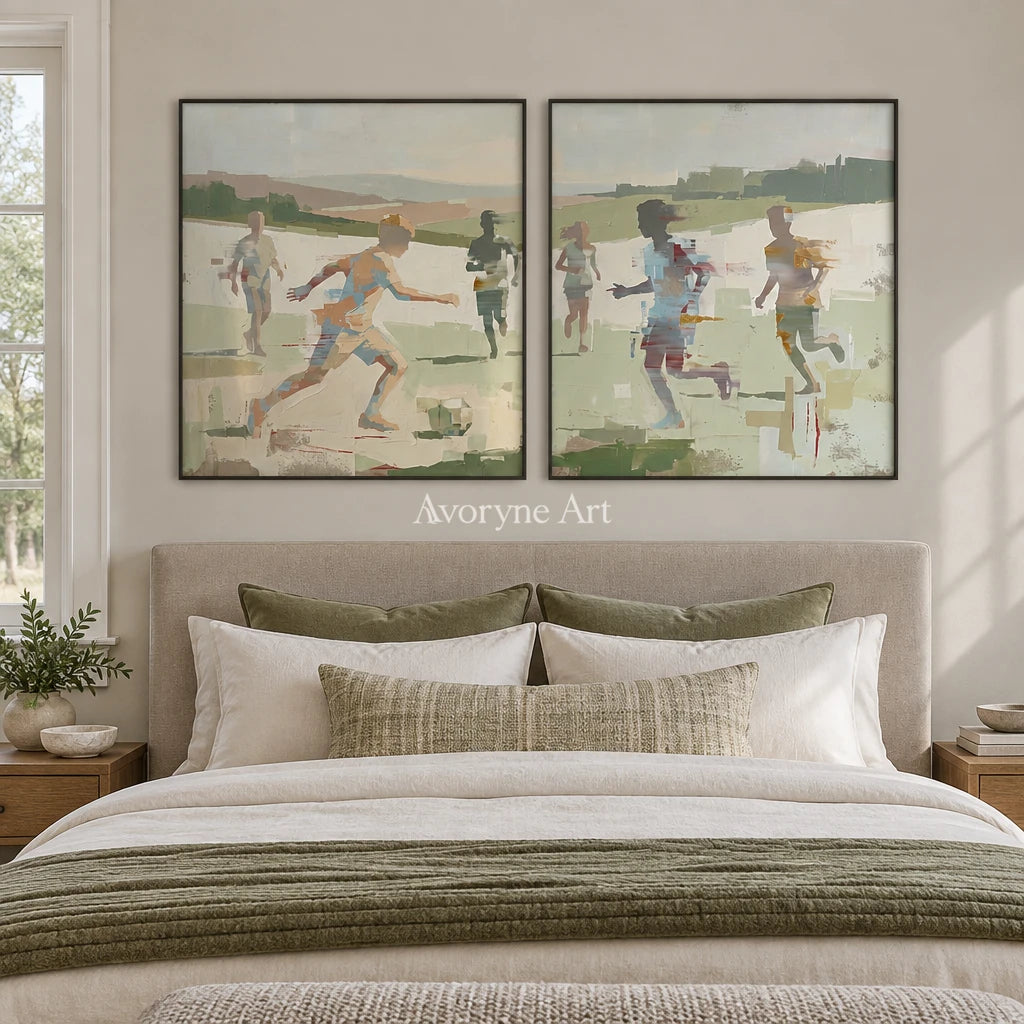 Faint Trace motion figure diptych with a black frame above a bed in a bedroom