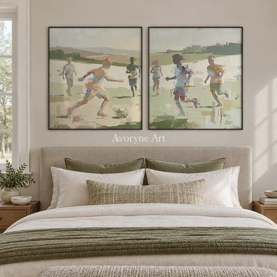 Faint Trace motion figure diptych with a black frame above a bed in a bedroom
