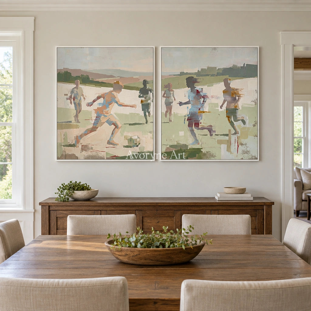 Faint Trace motion figure diptych with a white frame in a dining room